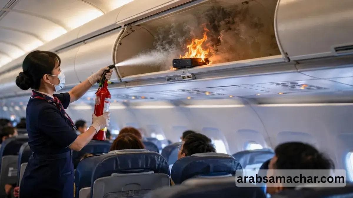 Cabin Crew using fire cylinder in airplane